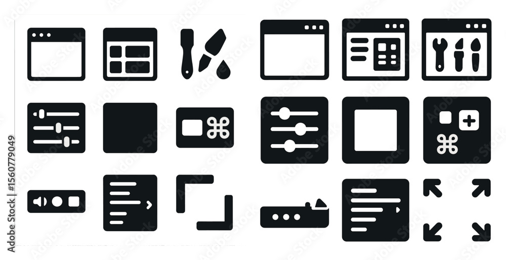 Poster collection of icons for various computer programs. the icons are all black and white, and they inclu