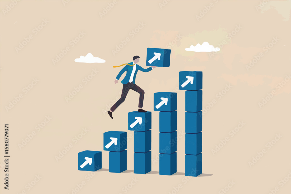 Poster Man climbing growth chart with arrows isolated on transparent background