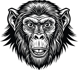Powerful Chimpanzee Head Illustration Black and White Vector Art
