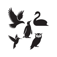 Obraz premium Collection of diverse bird silhouettes including eagle penguin swan hummingbird and owl isolated on white background