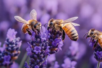 bees pollinating lavender flowers.