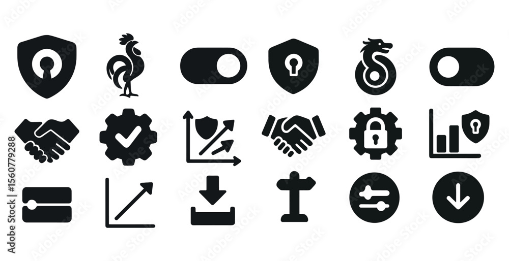 Poster collection of icons for various functions and features. the icons include a handshake, a key, a drag