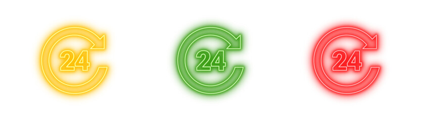 Neon sign with 24 hour service in yellow green and red glowing colors on transparent background, vector illustration for customer support, always open.