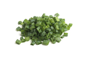 A pile of green fresh chopped onions lies on a white background.