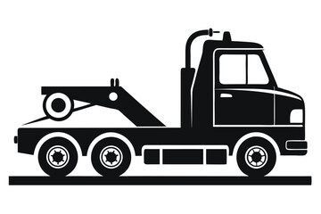Black Silhouette Tow Truck with a Towing Boom and Six Wheels Vector Art