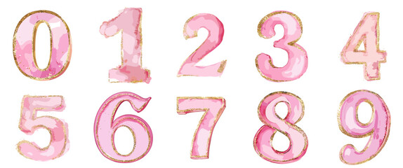 Watercolor pink numbers 0 to 9 with golden accents  