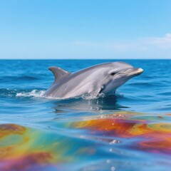 Fototapeta premium Bottlenose dolphin gracefully emerging from the ocean's surface, the water reflecting vibrant rainbow hues under a clear blue sky , showcasing nature's beauty and marine life interaction