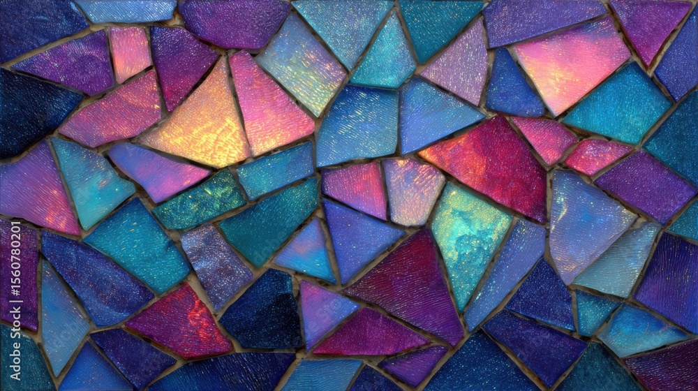 Poster the artwork features a dazzling array of iridescent glass pieces arranged in a mosaic pattern. color