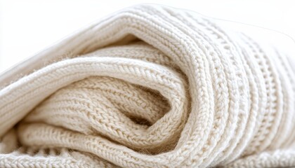Close Up Aesthetic Image of Rolled White Knitted Wool Showcasing Texture and Softness for Design