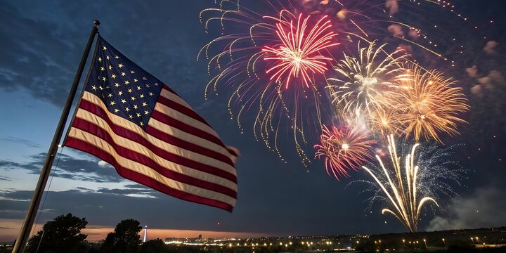 American flag waves proudly against a dramatic sky filled with vibrant fireworks celebrating a national holiday