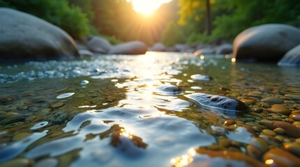 Fototapeta premium A high-resolution image of a shallow, clear riverbed with smooth, colorful pebbles visible beneath the flowing water, light reflections dancing across the surface 