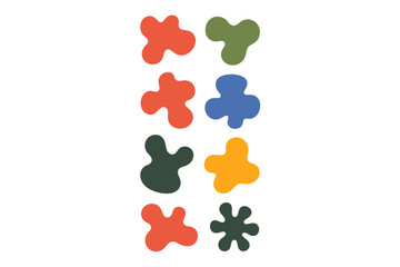 A vertical arrangement of eight colorful abstract shapes on white background