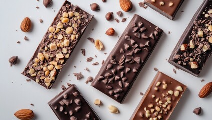 Assorted chocolate bars with nuts and chocolate chips