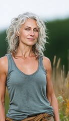 Confident older woman with stylish gray hair gazes thoughtfully in serene natural setting outdoors