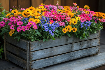Colorful flowers overflowing a wooden box.