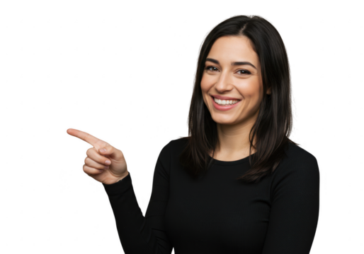 Smiling woman pointing to the side isolated on transparent background