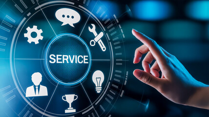 A futuristic digital interface showing a circular hologram display with the word SERVICE in white text at the center.