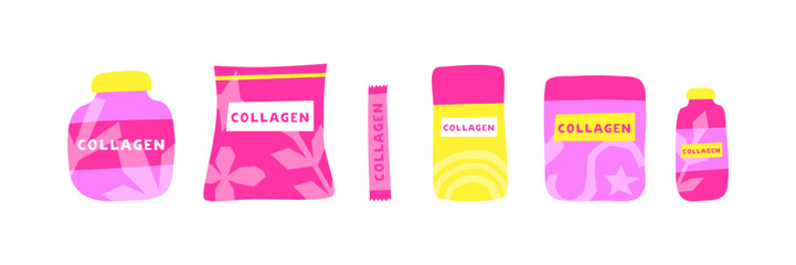 Set of flat beauty collagen supplements in packages isolated on white background. Drinking collagen powder icons. Feminine anti aging products. Skin health concept.