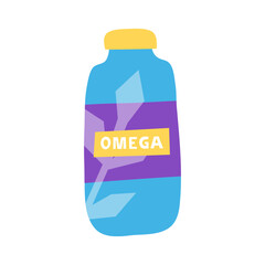 Hand drawn flat omega supplement in bottle isolated on white background. Fatty acids.