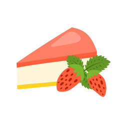 Cute strawberry cheesecake with jelly layer on top and berries isolated on white background. Mousse cake slice.