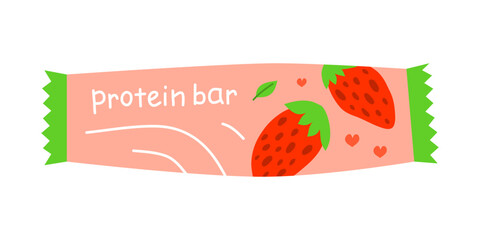 Cute flat protein bar with strawberries and vegan sign green leaf isolated on white background. Protein snack in packet. Hand written text.