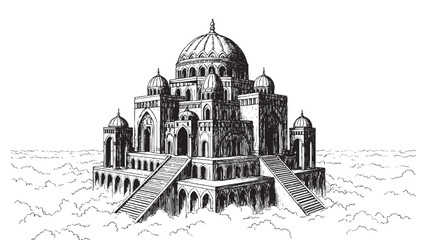 Engraving of ancient sky temple floating above clouds with domes arches and celestial pillars © Gabut Stock