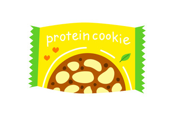 Cute flat protein cookie with vegan sign green leaf isolated on white background. Protein snack in packet. Hand written text.