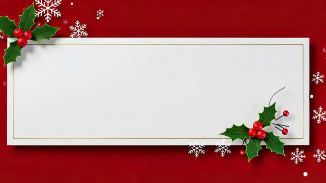 Festive christmas banner animation with moving holly and falling snowflakes on red background