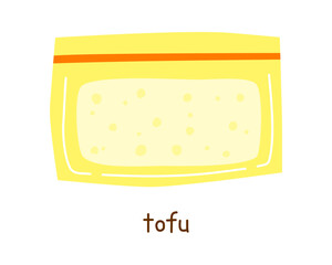 Hand drawn flat tofu in plastic package isolated on white background. Plant based protein. Vegan raw soy cheese.