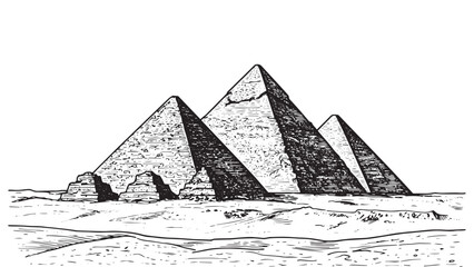 Fototapeta premium Vintage engraving of Giza pyramids in desert with layered stone blocks and sky backdrop
