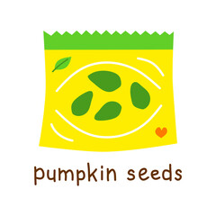 Hand drawn flat pumpkin seeds in packet isolated on white background. Vegan high protein.