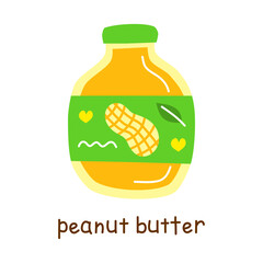 Hand drawn flat peanut butter in closed bottle isolated on white background. Vegan high protein.