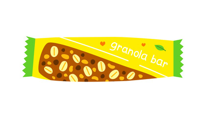 Cute flat granola bar with vegan sign green leaf isolated on white background. Protein snack in packet. Hand written text.