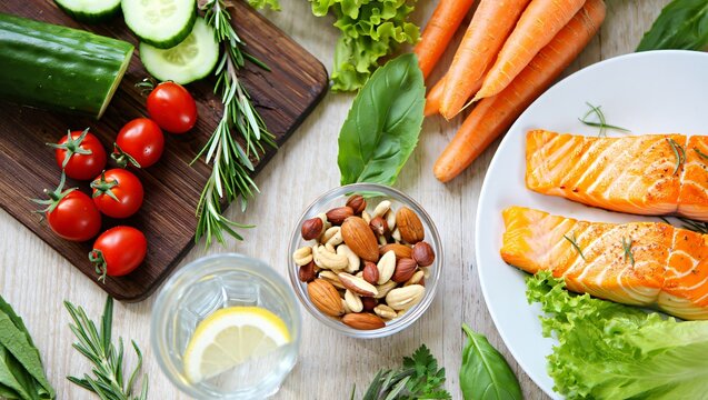 Healthy meal with cooked salmon fillets fresh vegetables nuts and lemon water on a wooden table