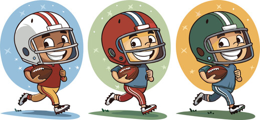American football cartoon players with round helmets and expressive faces, vector style. © KosaDesign