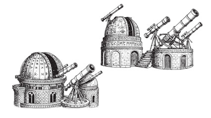 Engraved celestial observatory with domes arcane instruments and mystical star details in bold lines © Gabut Stock