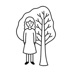 alone girl with tree outline line art illustration