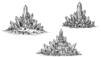 Engraved crystal fortress with sharp towers icy shapes and fantasy crystal peaks in bold lines