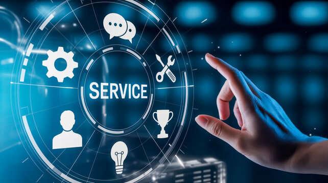 A futuristic digital interface showing a circular hologram display with the word SERVICE in white text at the center. - Powered by Adobe