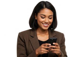 Young woman smiling and looking at her smartphone isolated on transparent background
