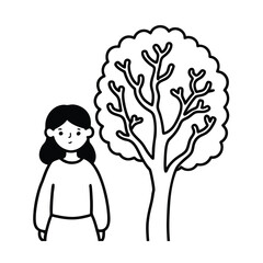 alone girl with tree outline line art illustration