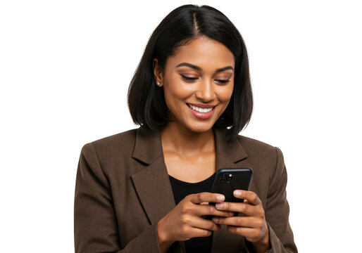 Young woman smiling and looking at her smartphone isolated on transparent background