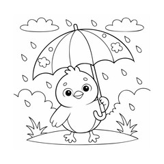 Handdrawn Chick Under Umbrella in Rain with Clouds Grass Outline Bird