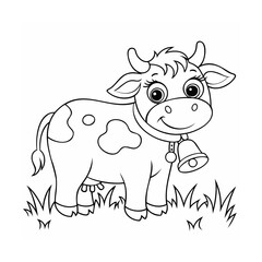 Handdrawn cartoon cow with bell standing on grass in outline animal farm