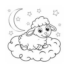 Handdrawn a smiling sheep on a cloud with moon stars in a night sky scene vector