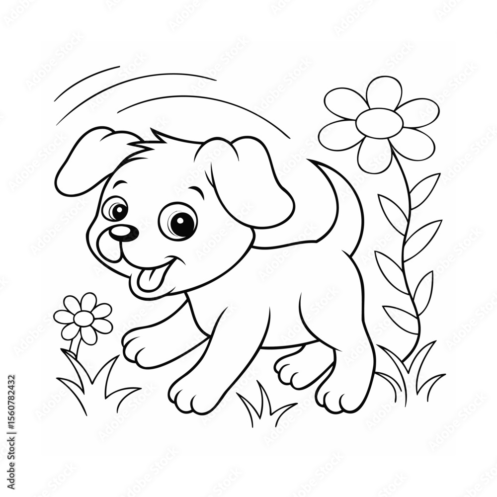 Poster handdrawn outline a playful puppy running in a grassy field with flowers happy expression