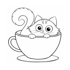 Handdrawn a cute cat in a teacup with a saucer handle Kitten