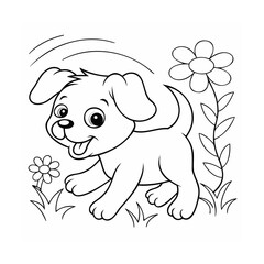 Handdrawn outline a playful puppy running in a grassy field with flowers happy expression