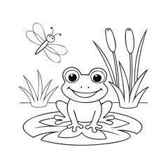Handdrawn Frog on Lily Pad with Dragonfly Reeds lilypad grass