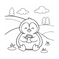 Handdrawn outline a happy penguin holding a mug on a grassy hill with trees clouds © Mamatarani